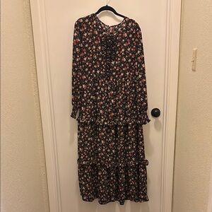 Black and Pink Tiered Ruffled Sundress with Long Bishop Sleeves